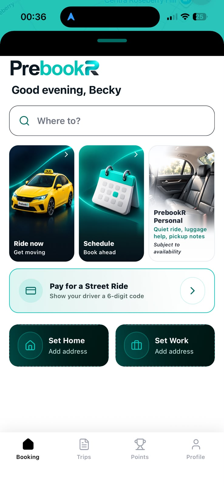 PrebookR customer app home screen with Ride now, Schedule, Personal requests, street ride payment and navigation